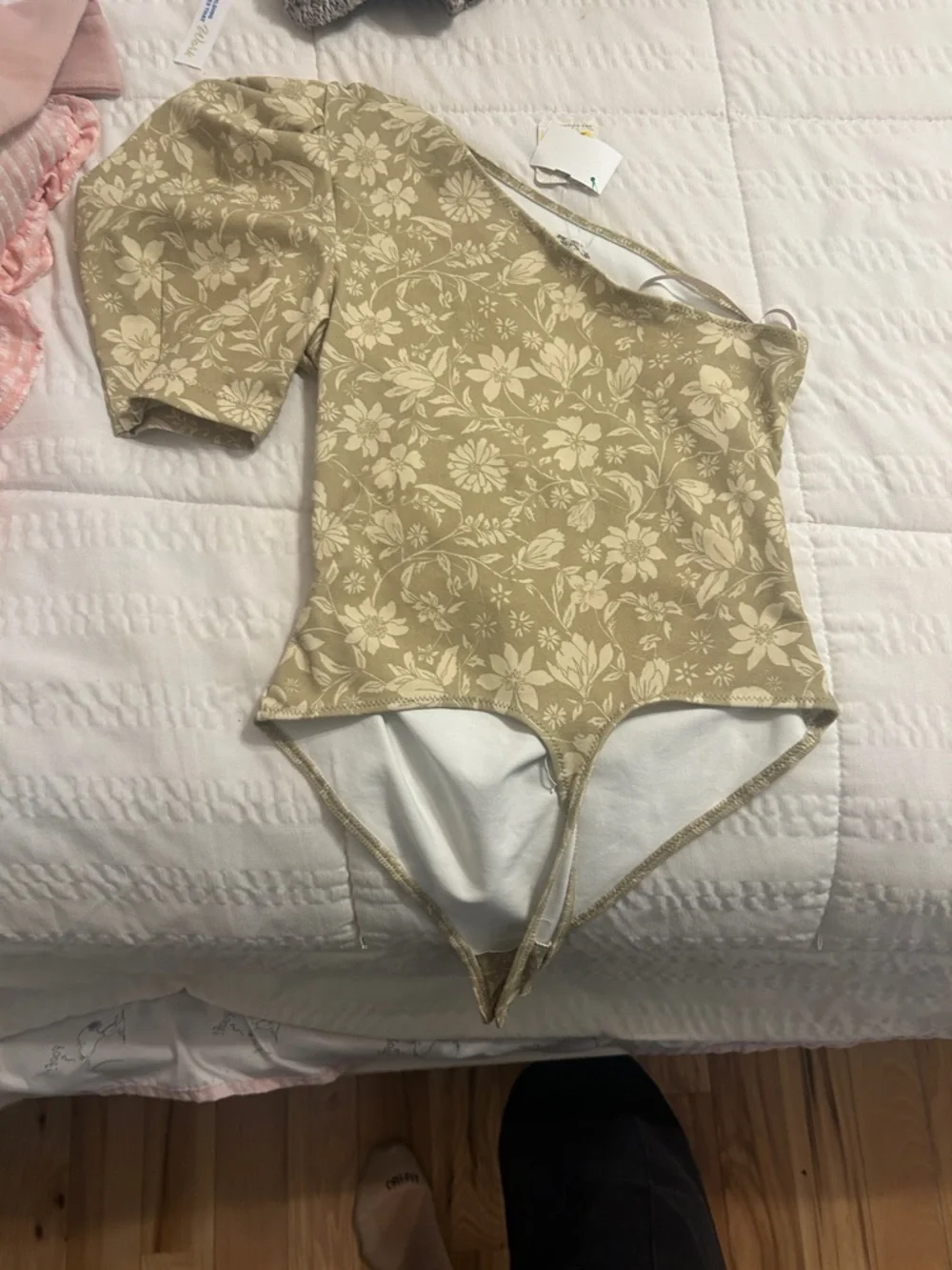Free People Floral One-Shoulder Swim Suit in Beige and Ivory